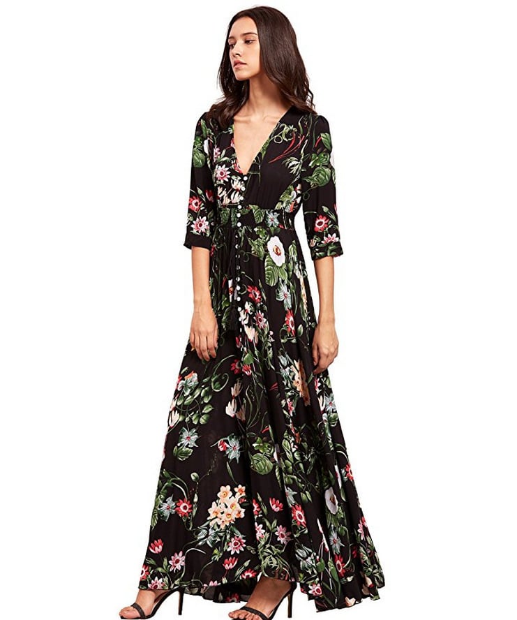 Button Floral Bohemian Maxi Beach Dresses